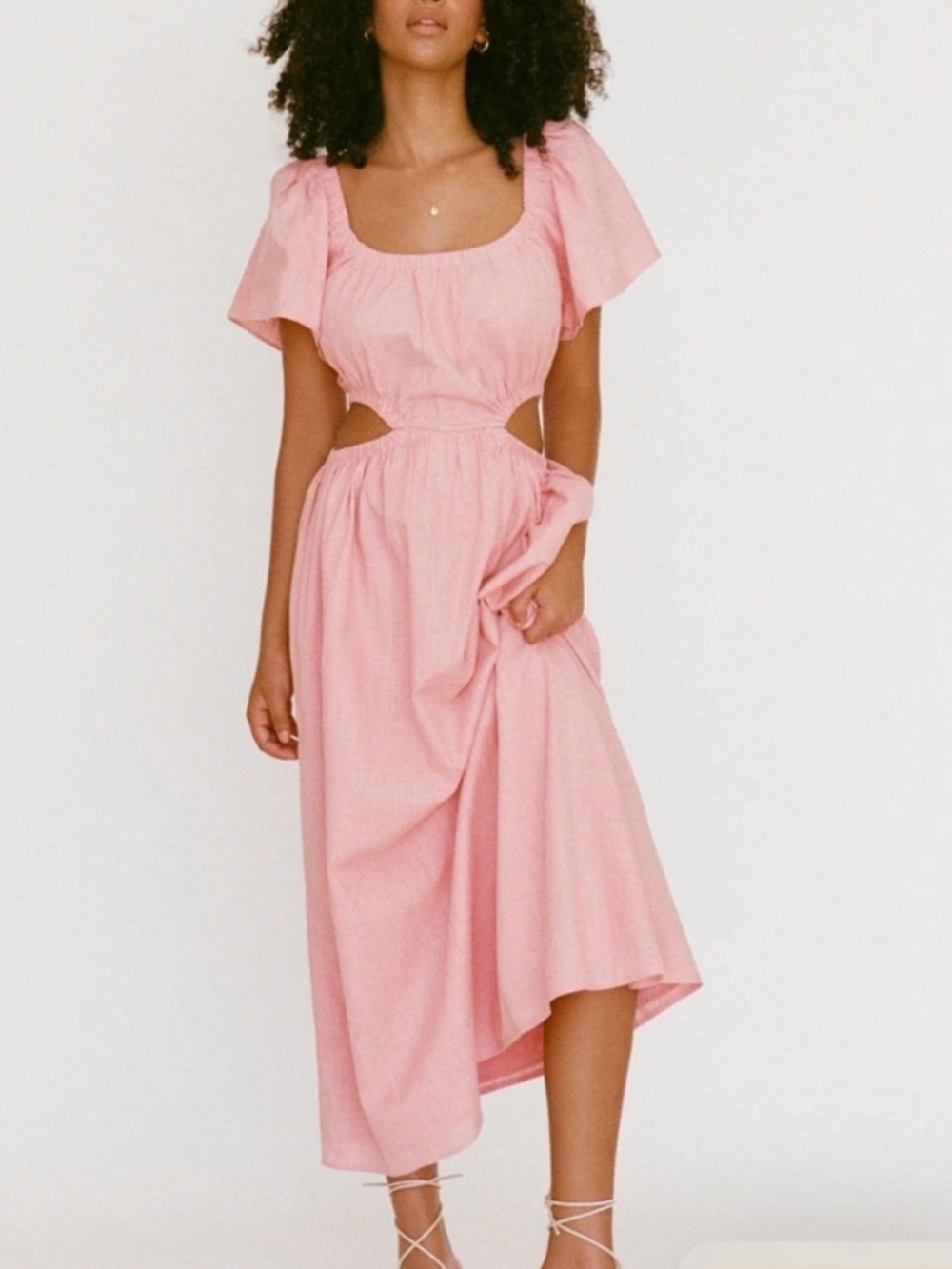 Sabo Skirt Coral Cutout Midi Dress with Puff Sleeves